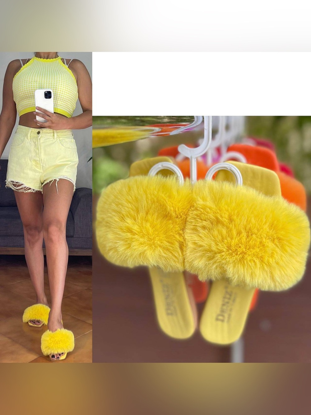 Women New Yellow Fluffy Slide Sandals